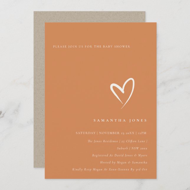 Minimal Rust Burnt Orange Heart Baby Shower Invite (Front/Back)