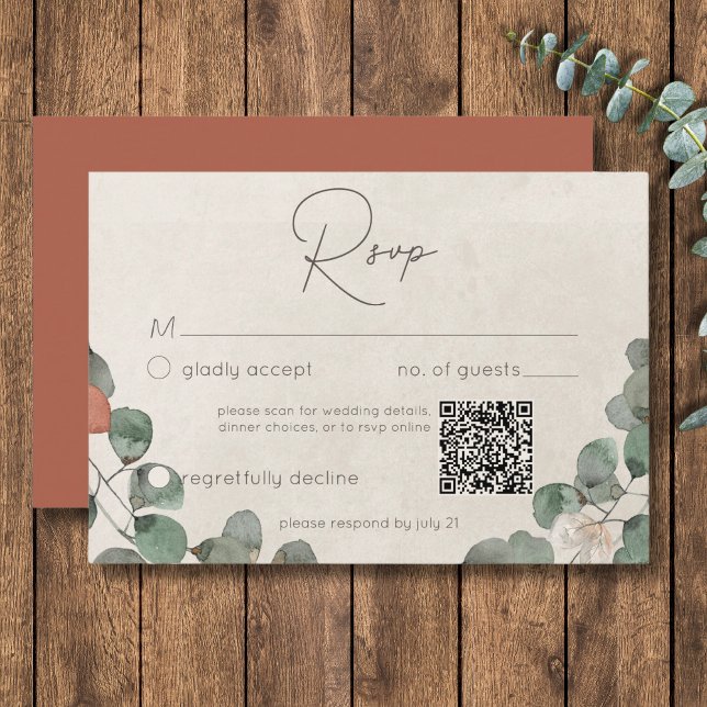 Minimal Rust Green Eucalyptus Wreath Wedding QR RSVP Card (Minimal Rust Green Eucalyptus Wreath Wedding QR RSVP Card)