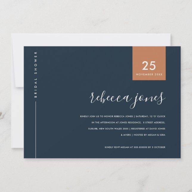 MINIMAL RUST ORANGE NAVY TYPOGRAPHY BRIDAL SHOWER INVITATION (Front)