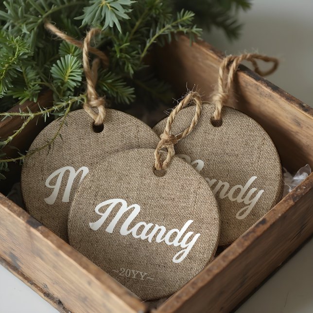 Minimal Rustic Farmhouse Burlap Personalized  Ceramic Ornament (Minimal Rustic Farmhouse Burlap Personalized Ceramic Ornament)
