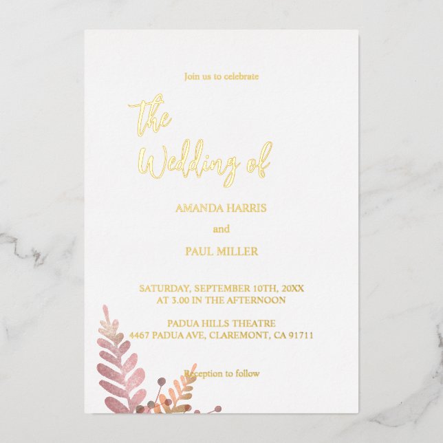 Minimal Rustic Floral Foil wedding Invitation (Front)
