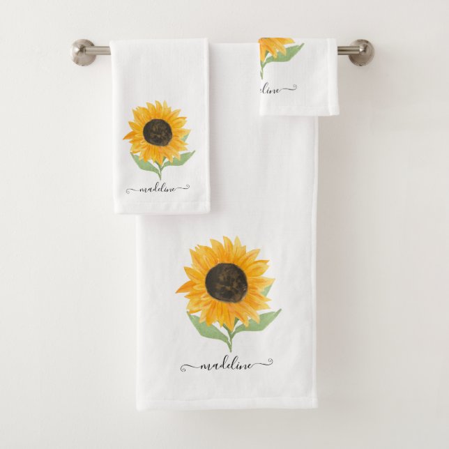 Minimal Rustic Sunflower Personalized Name Script Bath Towel Set (Insitu)
