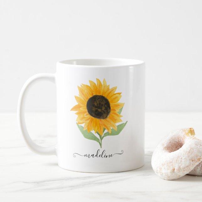 Minimal Rustic Sunflower Personalized Name Script Coffee Mug (With Donut)