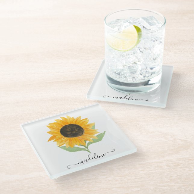 Minimal Rustic Sunflower Personalized Name Script Glass Coaster (Angled)