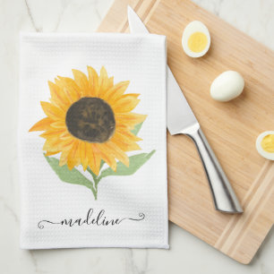 Minimal Rustic Sunflower Personalized Name Script Kitchen Towel
