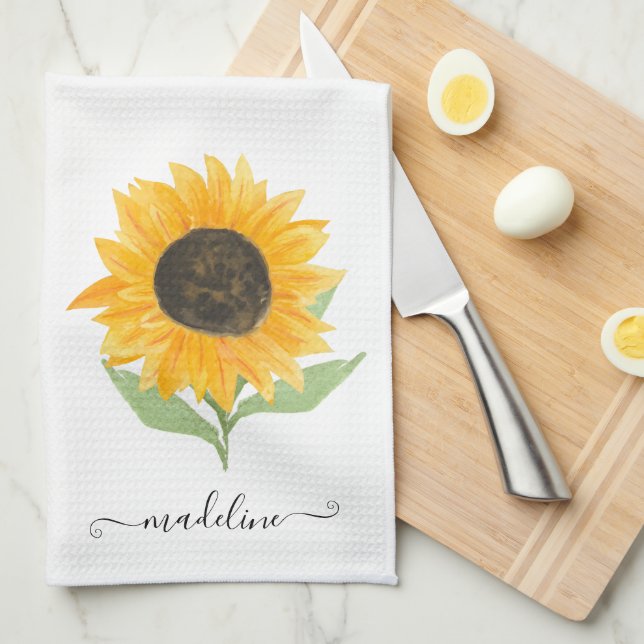 Minimal Rustic Sunflower Personalized Name Script Kitchen Towel (Quarter Fold)