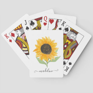 Minimal Rustic Sunflower Personalized Name Script Playing Cards