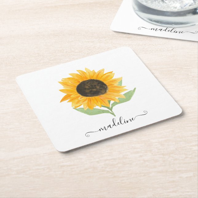 Minimal Rustic Sunflower Personalized Name Script Square Paper Coaster (Angled)