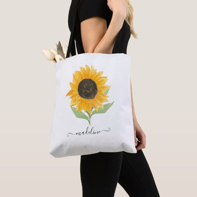 Minimal Rustic Sunflower Personalized Name Script Tote Bag (Close Up)