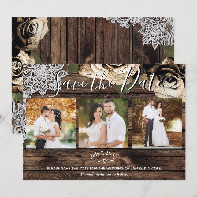 Minimal Rustic Wood Gold Roses Photo Save the Date Invitation (Front/Back)
