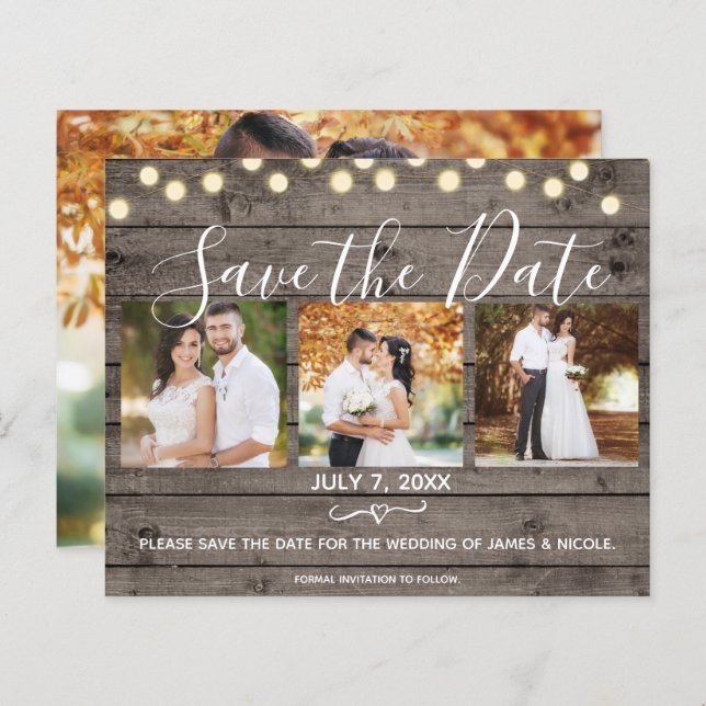 Minimal Rustic Wood & Lights Photo Save the Date (Front/Back)