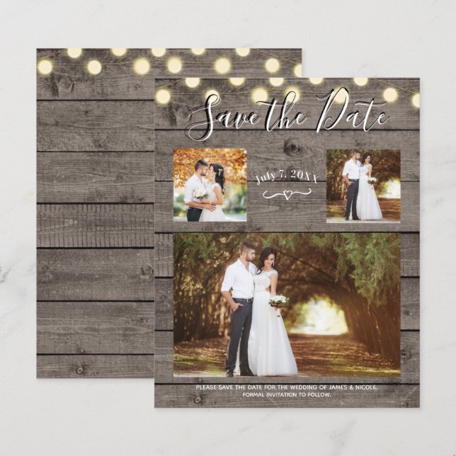 Minimal Rustic Wood & Lights Photo Save the Date (Front/Back)