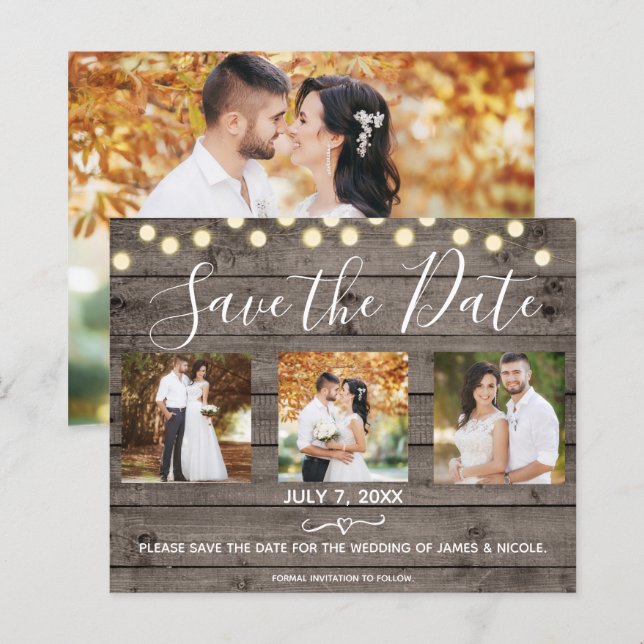 Minimal Rustic Wood & Lights Photo Save the Date (Front/Back)