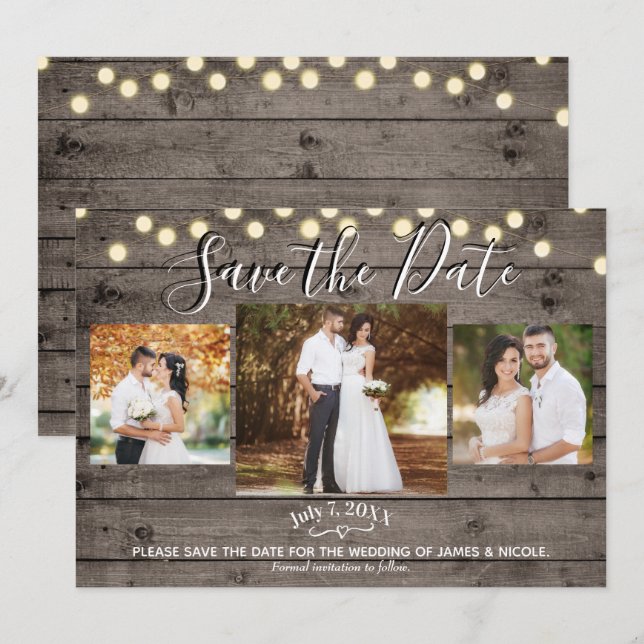 Minimal Rustic Wood & Lights Photo Save the Date   Invitation (Front/Back)