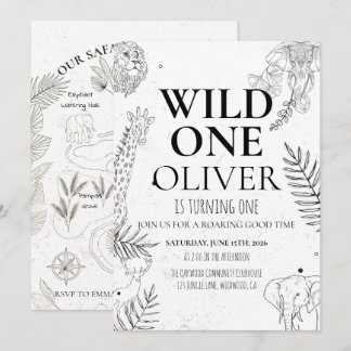 Minimal Safari Wild One 1st Birthday Map Invitation