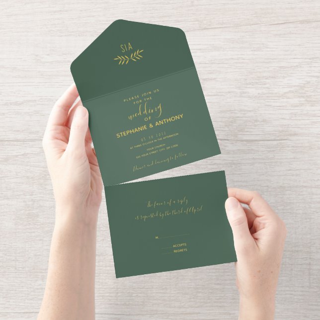 Minimal Sage and Gold Branch Calligraphy Wedding   All In One Invitation (Tearaway)