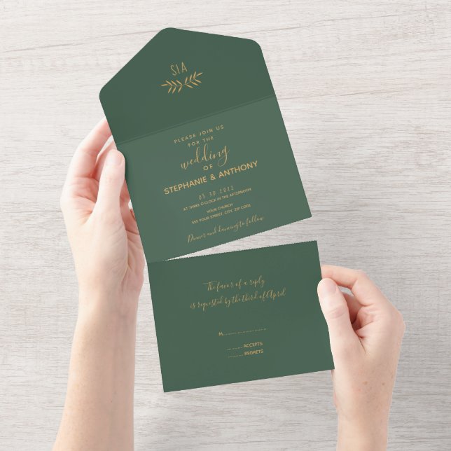 Minimal Sage and Gold Branch Calligraphy Wedding   All In One Invitation (Tearaway)