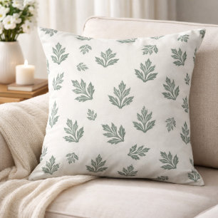 Minimal Sage Green Block Print Leaf Throw Pillow