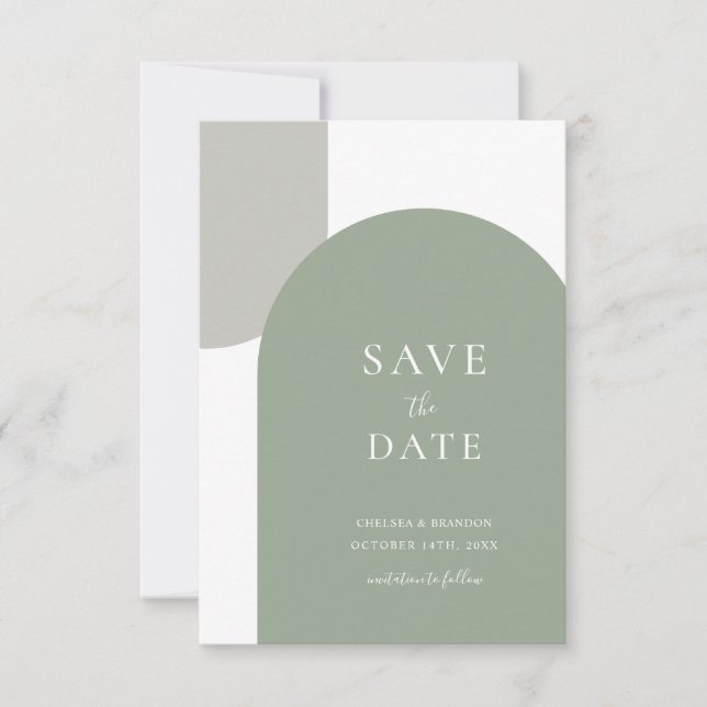 Minimal Sage Green Boho Arch Formal Script Wedding Save The Date (Front)