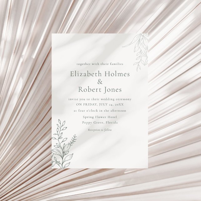Minimal Sage Green Botanical Wedding Invitation (Minimal Sage Green Botanical Wedding Invitation on a neutral dry palm leaf.)
