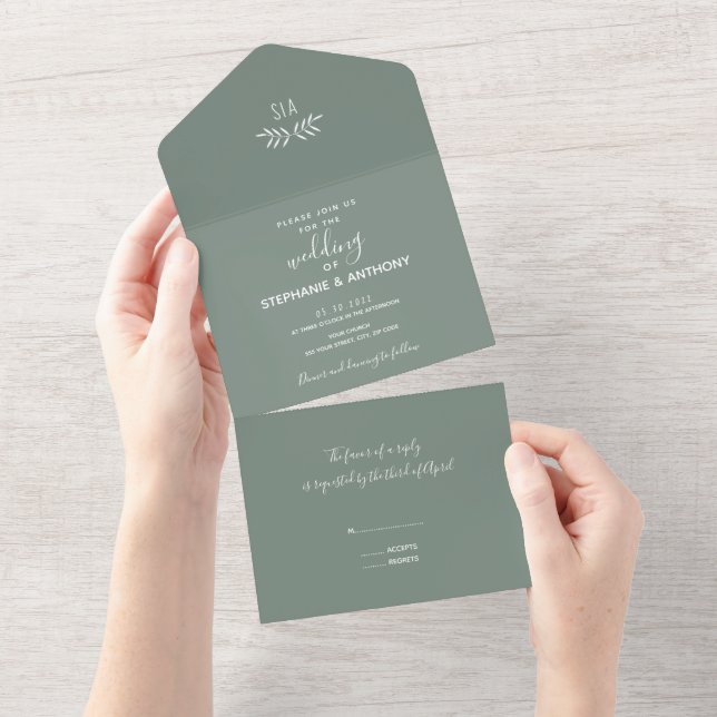 Minimal Sage Green Branch Calligraphy  Wedding    All In One Invitation (Tearaway)