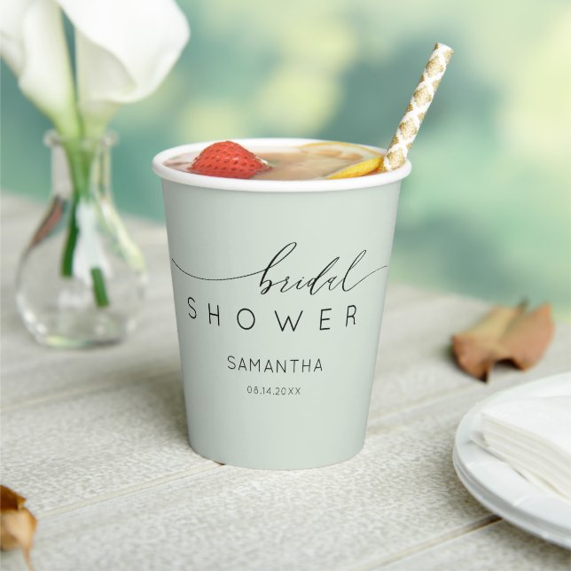 Minimal Sage Green Calligraphy Bridal Shower Paper Cups (Insitu)