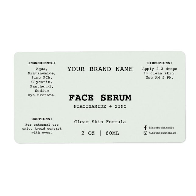 Minimal Sage Green Cosmetic 2 oz. Face Serum Label (Front)