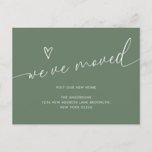 Minimal Sage Green Heart Script We've Moved Moving Postcard