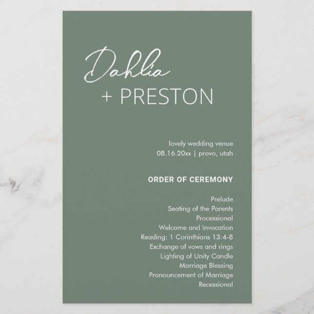 Minimal Sage Green Modern Wedding Program (Front)