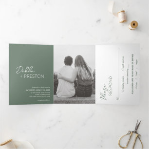 Minimal Sage Green Photo Modern Wedding Tri-Fold Invitation