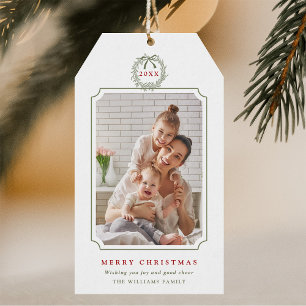 Minimal Sage Green & Red Merry Christmas Photo Gift Tags