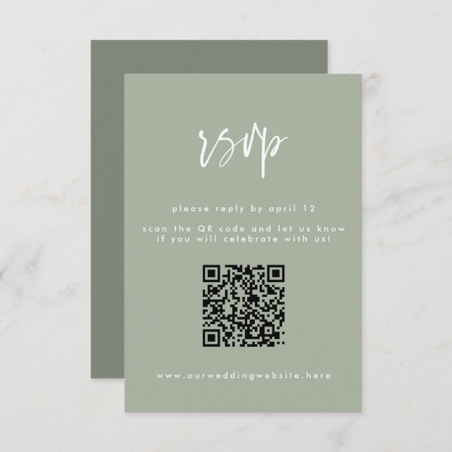 Minimal Sage Green Script Wedding QR Code RSVP Card (Front/Back)