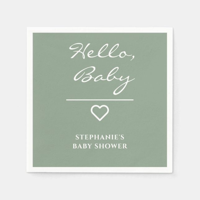 Minimal Sage Green with Heart Hello Baby Napkin (Front)