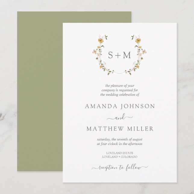 Minimal Sage Watercolor Floral Wreath Wedding Invi Invitation (Front/Back)