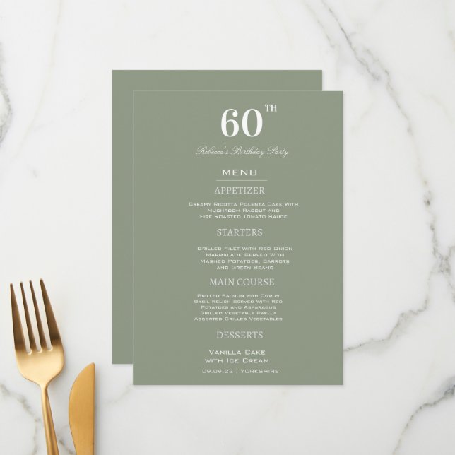 Minimal Sage & White 60th Birthday Party Custom   Menu (Front/Back In Situ)