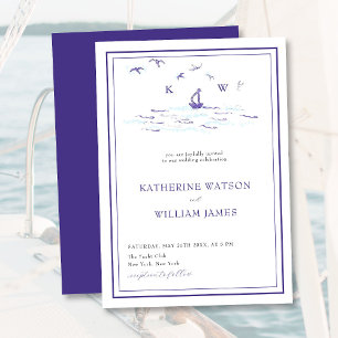 Minimal Sailboat Yacht Waves Frame Modern Wedding Invitation