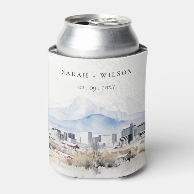 Minimal Salt Lake City Utah Watercolor Wedding Can Cooler (Can Front)