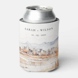 Minimal Salt Lake City Utah Watercolor Wedding Can Cooler