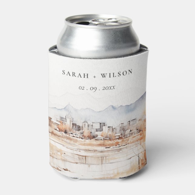 Minimal Salt Lake City Utah Watercolor Wedding Can Cooler (Can Front)