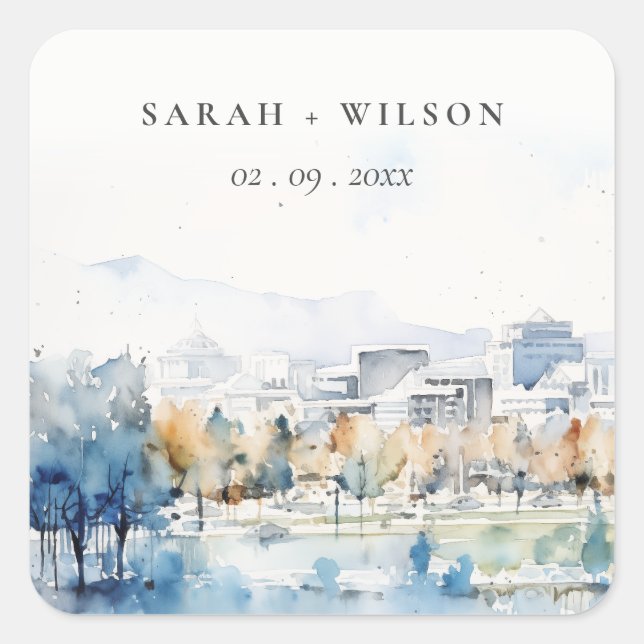 Minimal San Jose, California Watercolor Wedding Square Sticker (Front)
