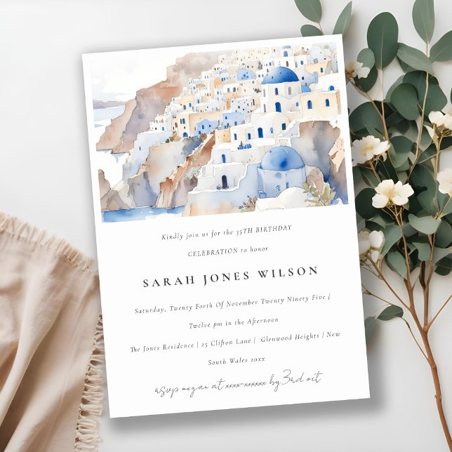 Minimal Santorini Greece Watercolor Birthday Invitation (Creator Uploaded)