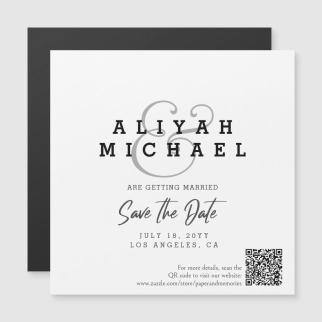 Minimal Save The Date QR Code Black White Wedding Magnetic Invitation (Front/Back)