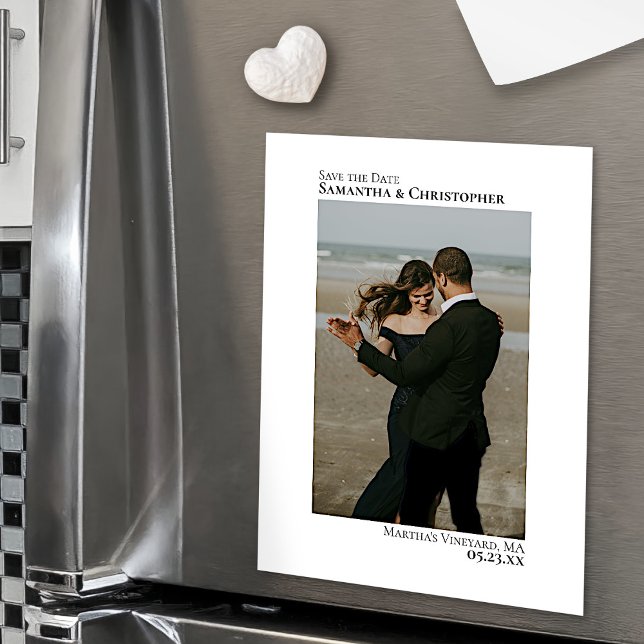Minimal Save the Date Vertical Photo White Magnet (In Situ on Refrigerator)