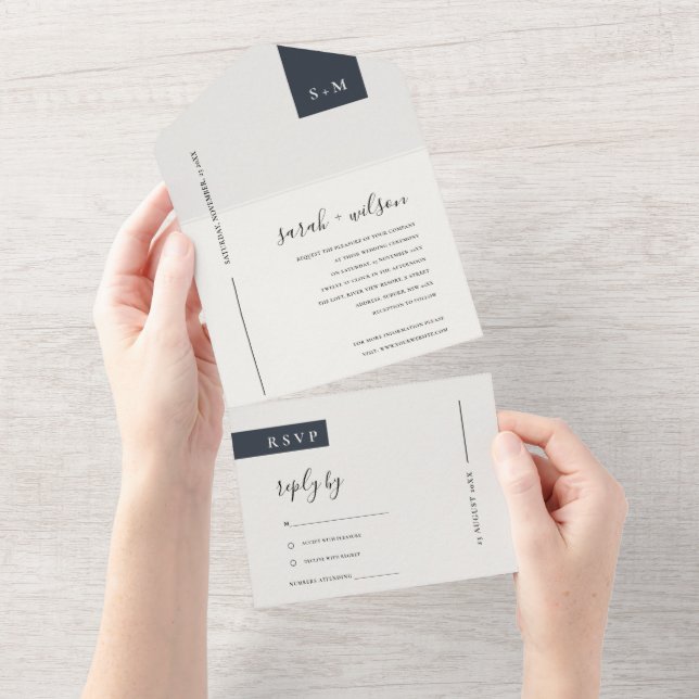 MINIMAL SCANDI BLACK & WHITE MONOGRAM WEDDING ALL  IN ONE INVITATION (Tearaway)