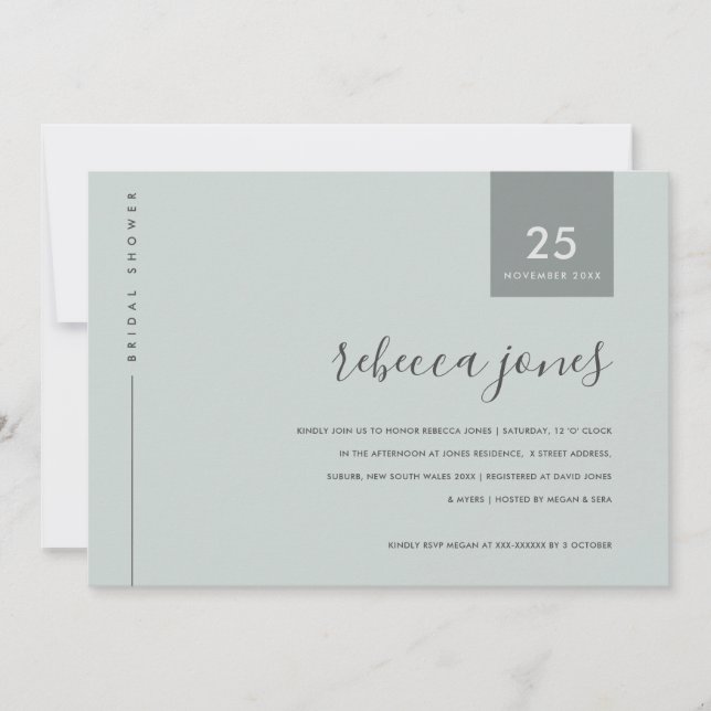MINIMAL SCANDI BLUE GREY TYPOGRAPHY BRIDAL SHOWER INVITATION (Front)