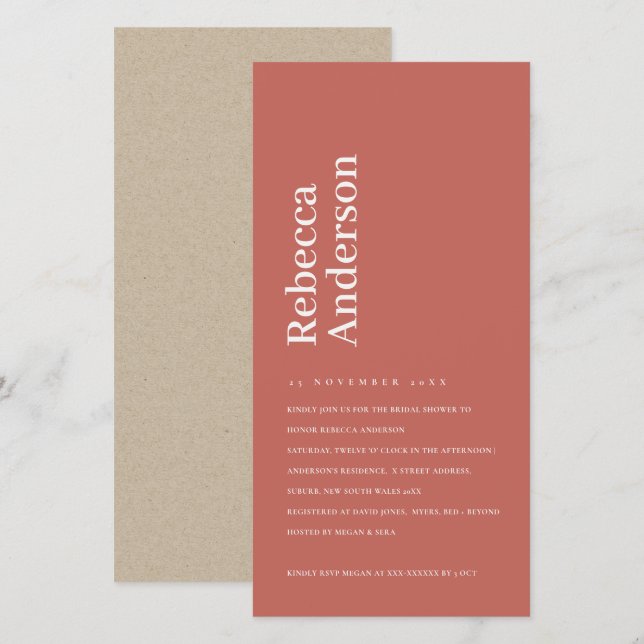 MINIMAL SCANDI BRICK RED BRIDAL SHOWER INVITE (Front/Back)