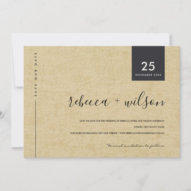 MINIMAL SCANDI RUSTIC OCHER LINEN KRAFT TYPOGRAPHY SAVE THE DATE (Front)