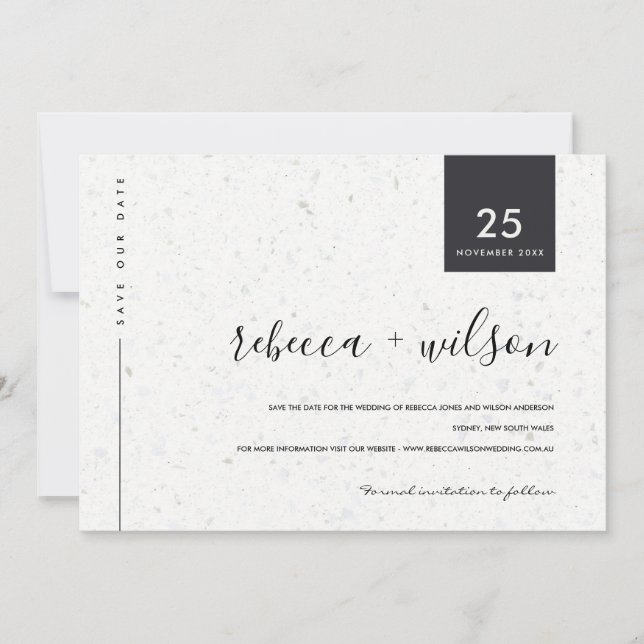 MINIMAL SCANDI RUSTIC TERRAZZO TEXTURE TYPOGRAPHY SAVE THE DATE (Front)