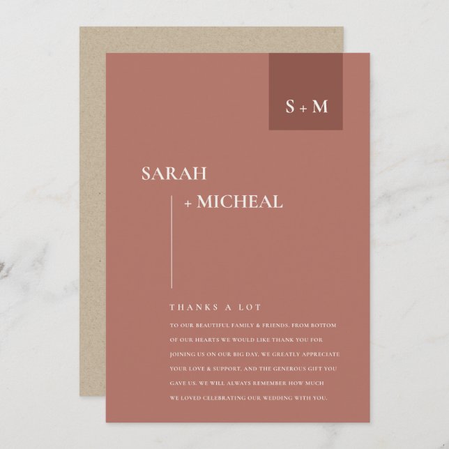 MINIMAL SCANDI TERRACOTTA RUST MONOGRAM WEDDING THANK YOU CARD (Front/Back)