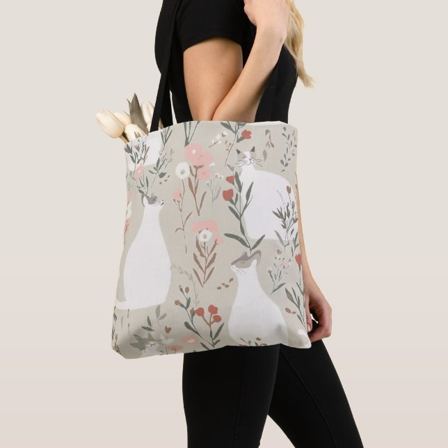Minimal Scandinavian Floral Cat Botanical Art Tote Bag (Close Up)